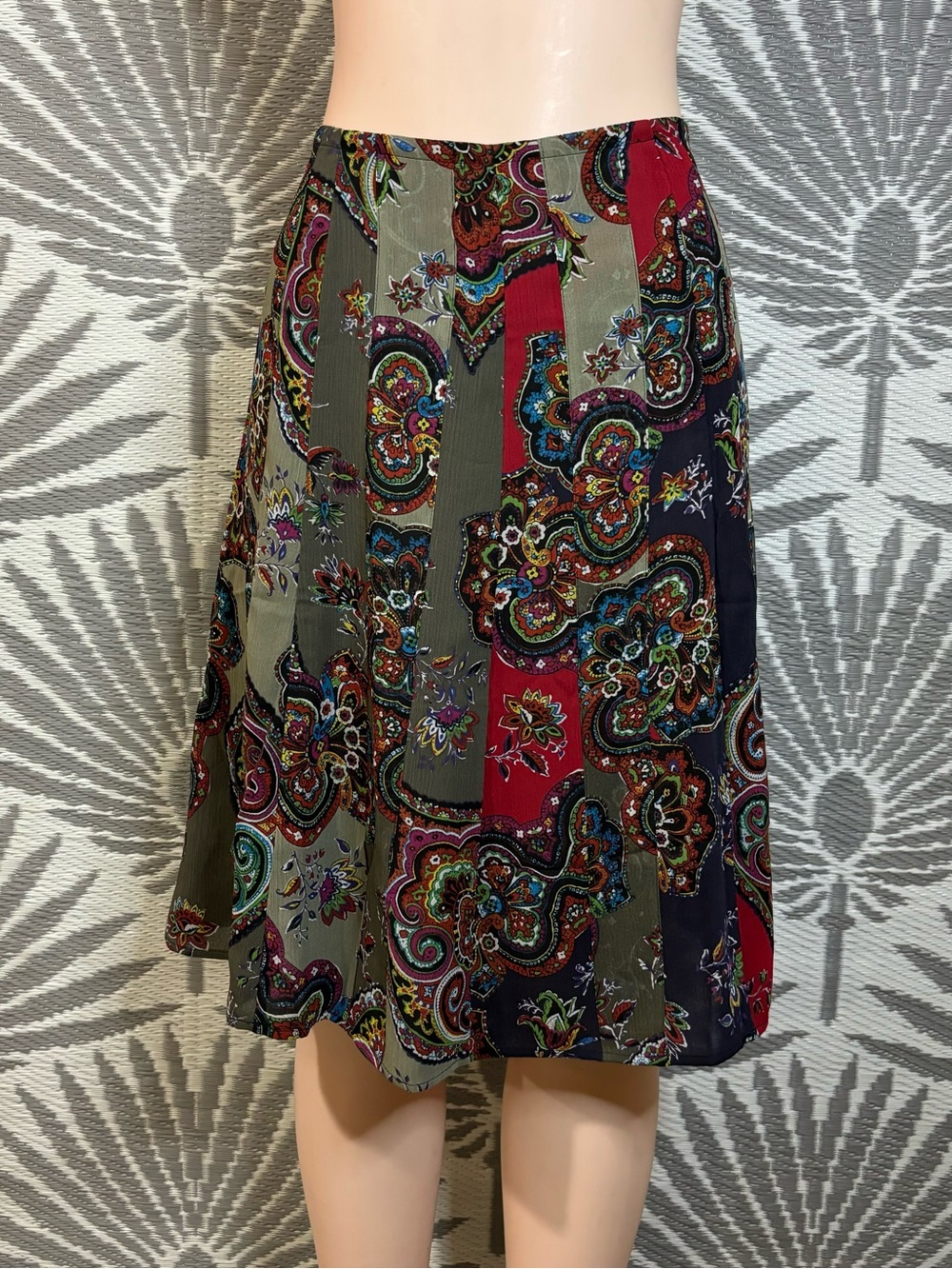 Vtg Chico’s Silk Patchwork Midi Skirt Paisley Sz M Colorful Boho Hippie